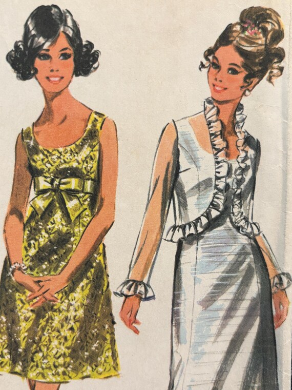 Vintage 1960's Princess Seamed Evening Dress and Sheer Jacket With Ruffle  Trim---mccalls 9475---size 8 Bust 31 1/2