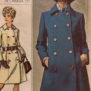 May include: Vintage sewing pattern featuring a teal double-breasted coat with large buttons. The illustration shows a woman wearing the coat, with a matching illustration of a cream-colored trench coat. The pattern number is 7905.