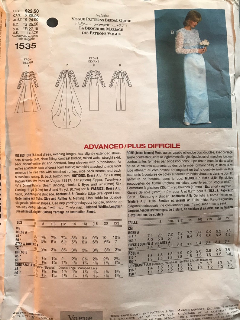 Stunning Evening Gown Cocktail Dress or Bridal Gown by Bellville Sassoon---Vogue 1535---Sizes 18-20-22 Bust 40 Thru 44