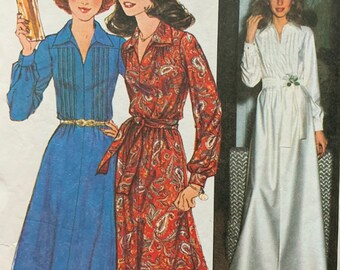 Vintage 1970's Front Tucked Shirtdress in Maxi or Knee Length---Simplicity 8249---Size 14  Bust 36  UNCUT and Factory Folded