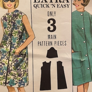 May include: A vintage sewing pattern for a sleeveless dress with a floral print. The pattern is labelled "Extra Quick 'N Easy" and indicates that it only requires 3 main pattern pieces.