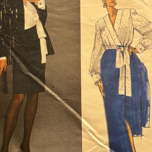 May include: A sewing pattern envelope titled Paris Original featuring two garment designs. Design A shows a black jacket and skirt ensemble with a white blouse. Design B is a sketch of a white long-sleeved blouse with a tie waist and blue trousers.