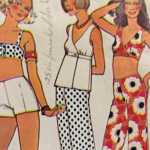 May include: Vintage fashion illustration featuring three figures in retro outfits. One wears a polka dot bikini top and shorts, another a white top and polka dot pants, and the third a floral print top and pants. The text "25 in finished for Dress" is visible.