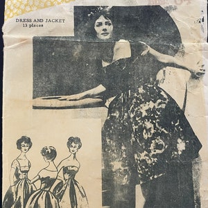 May include: Vintage sewing pattern for a dress and jacket. The pattern is for size 34 and includes 13 pieces. The pattern shows a woman wearing a black and white dress with a floral print. The pattern also shows three women wearing different styles of dresses.