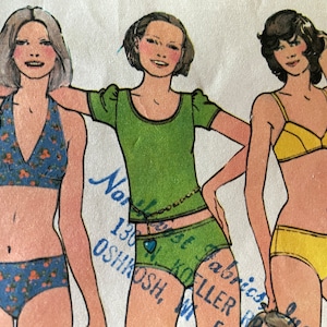 Vintage 1970&#39;s Halter Top, Bikini, Boy Shorts and Top With Gathered Sleeves---McCalls 3523---Sizes 14-16  Bust 36 Thru 38