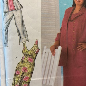 May include: A sewing pattern featuring three different outfits. The first outfit is a long, floral print dress. The second outfit is a red blazer with a matching skirt. The third outfit is a white shirt with a red striped top and matching pants. The pattern includes the letters A, C, and B,D,E.