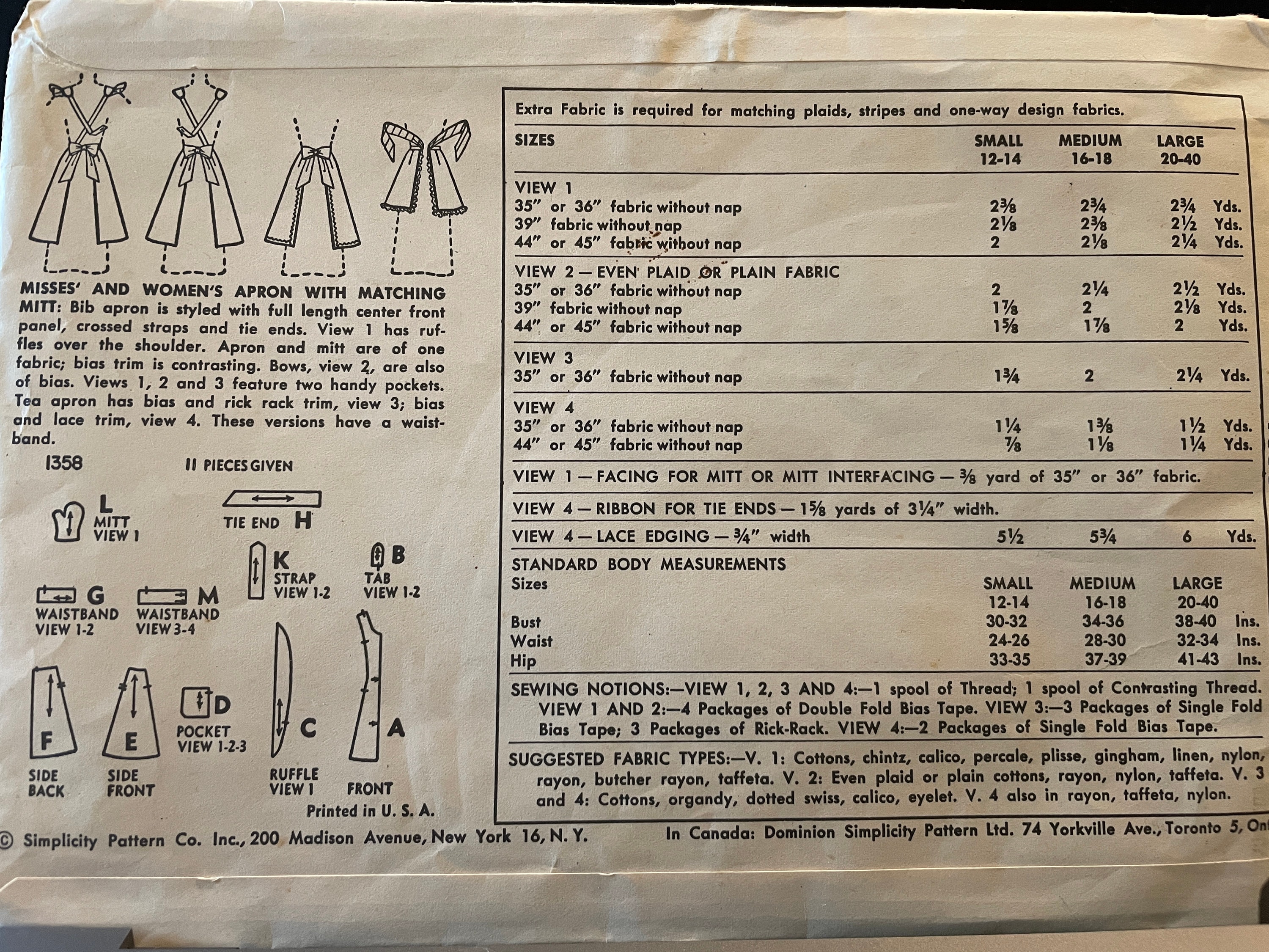 Vintage 1960's Apron With Several Variations and Oven Mitt Pattern