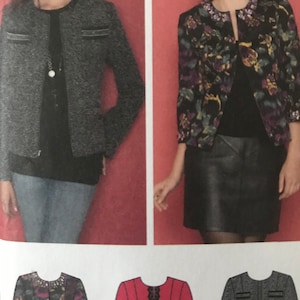 May include: Three different styles of jackets. The first jacket is a gray tweed jacket with a black trim. The second jacket is a black floral print jacket with a black trim. The third jacket is a red jacket with a black trim and a black lace detail.