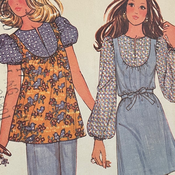 Vintage 1970's Mini Dress, Flared Jeans, and Puffed Sleeved Top Pattern---McCalls 3683---Size 8  Bust 31 1/2