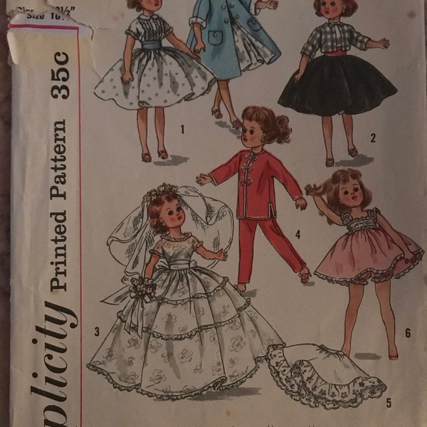 Vintage 1960's Wardrobe Pattern for 10 1/2 Inch Dolls--Simplicity 2254--Coat, Dress, Bolero Pajamas, Panties, Top, and Petticoat  NOT A COPY