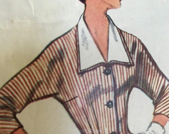 May include: A vintage illustration of a woman wearing a striped jacket with a white collar and buttons. The jacket has a fitted waist and three-quarter sleeves. The woman is wearing white gloves and has her hair styled in a short, dark bob. She is wearing a red hat.