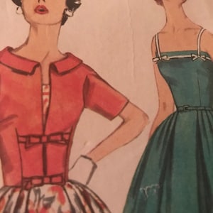 Cute Vintage Full Skirted Dress With Camisole Style Bodice and Cropped Jacket With Bow Trim---Simplicity 2499---Size 14  Bust 34