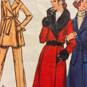 May include: Illustration of three women in vintage coats. The woman on the left wears a tan coat and pants with a belt. The woman in the center is in a red coat with black fur trim and a black belt. The woman on the right is in a blue coat.