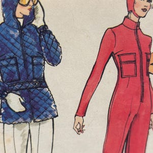 May include: A fashion illustration showing two outfits. On the left, a blue quilted hooded jacket with a front zipper, pockets, and a belt, worn with white pants. On the right, a red one-piece jumpsuit with a front zipper, pockets, and a matching hood.
