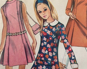 Collar. Sleeveless or Three Quarter Sleeves Inverted Pleats /& Blouse Vintage 1960s Butterick 2755 Girls Dress Princess Seams Round Neck