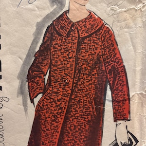 May include: Vintage sewing pattern for a red coat with a collar and button closure. The pattern number is 10.