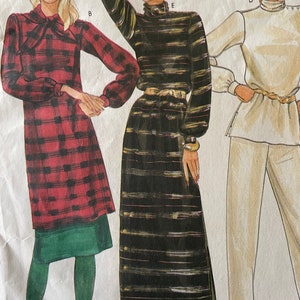 May include: Three different dress patterns with a plaid, striped, and solid design. The patterns are labeled B, E, and D.