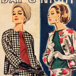 May include: Vintage fashion illustration featuring two women. One wears a black and white checkered jacket and skirt, the other a floral jacket and skirt. The text "DAY & NIGHT" is at the top, with the letter "B" at the bottom.