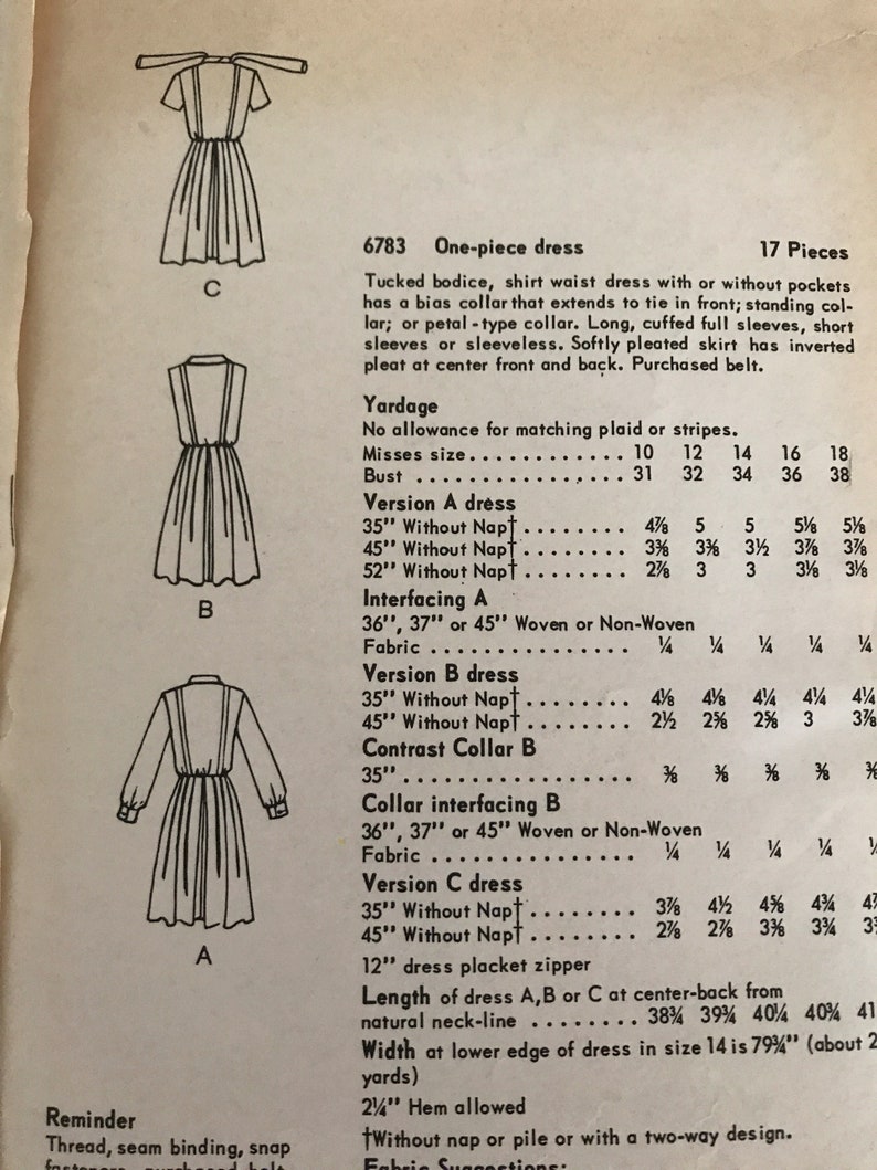 Vintage 1960's Tucked Shirtwaist Dress PatternVogue 6783Size 14 Bust 34 UNCUT image 3