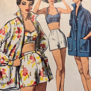 May include: Vintage fashion illustration featuring three women in summer outfits. One wears a floral print jacket, bra top, and shorts. Another models a denim-look bra top, white shorts, and a striped hat. The third is in a blue jacket.