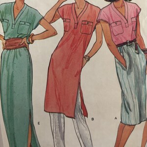 May include: Illustration of three women in vintage fashion. The outfits include a mint green dress with a slit, a coral tunic with white trousers, and a pink top with a striped skirt. Each outfit has a V-neck and pocket details.