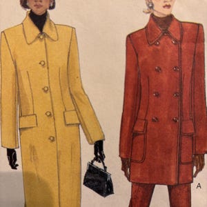 May include: Two women's coats, one yellow and one red, with button closures and pockets. The yellow coat has a single-breasted closure, while the red coat has a double-breasted closure. Both coats have a collar and long sleeves.