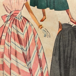 May include: Vintage fashion illustration featuring three dresses. One dress is pink with white and blue diagonal stripes, another is dark green, and the third is black. The illustration has a retro style, with a focus on the dresses' silhouettes.