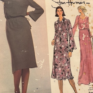 May include: Vogue sewing pattern featuring three dress designs by Stan Herman. The pattern includes a long-sleeved, knee-length dress with a scoop neck, a long-sleeved, knee-length dress with a turtleneck and a floral print, and a long-sleeved, floor-length dress with a scoop neck.