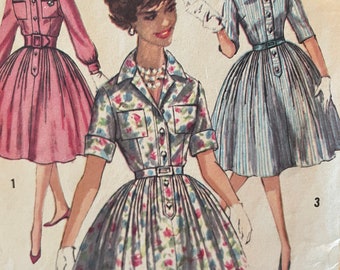 Pretty Vintage 1960's Shirtwaist Dress With Full Pleated Skirt---Simplicity 3039---Size 13  Bust 33