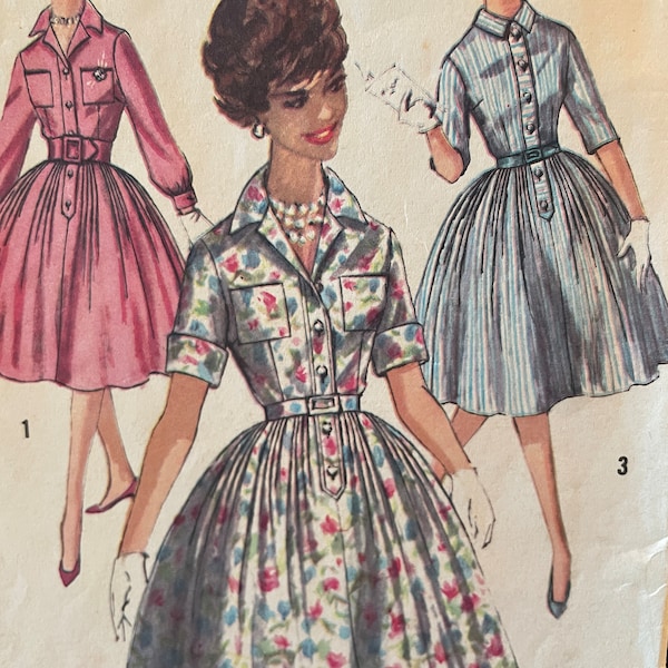 Pretty Vintage 1960's Shirtwaist Dress With Full Pleated Skirt---Simplicity 3039---Size 13  Bust 33