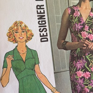 Vintage 1970&#39;s Designer Fashion V-Necked Maxi or Knee Length Dress Pattern---Simplicity 7172---Size 10  Bust 32 1/2  UNCUT
