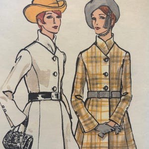 May include: A fashion illustration featuring two figures wearing coats. The left figure wears a solid white coat with a black belt, a yellow hat, and carries a black handbag. The right figure wears a yellow and white plaid coat with a grey belt, a grey hat, and grey gloves.