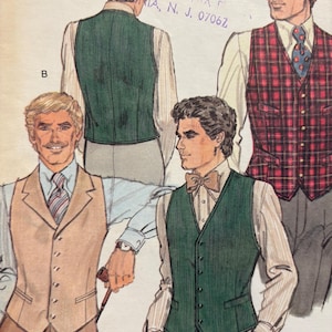 May include: Illustration of men's vests in various styles and colors. The vests include a tan, green, and red plaid design. The image is a vintage fashion illustration, showcasing classic menswear.