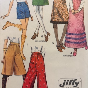 May include: A sewing pattern illustration featuring six garment styles: blue floral shorts, a green mini skirt, a patterned skirt with fringe, a pink maxi skirt with trim, tan culottes, and red floral wide-leg pants. The text Jiffy easy cut easy sew is visible.