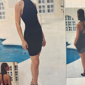 May include: A black sleeveless mini dress featuring a high mock neck collar and a fitted silhouette. The design includes a racerback style with thin straps that cross over the back, as shown in the multiple views on this sewing pattern envelope.