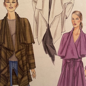 May include: Three fashion illustrations of women wearing different styles of long, open-front jackets. The jackets are in brown, white, and purple.