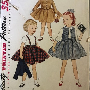 Adorable Vintage 1950&#39;s Girls Flared Skirt With Suspenders, Vest and Jacket Pattern---Simplicity 3992---Size 3