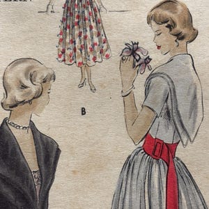 May include: Vintage fashion illustration featuring three women in dresses. One dress is light gray with a red belt, another is floral, and the third is black. The illustration is in a retro style.