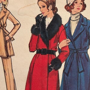 May include: Illustration of three women in vintage coats. The woman in the center wears a red coat with black fur trim and a black belt. The woman on the right wears a blue coat and a white hat. The woman on the left wears a tan coat.