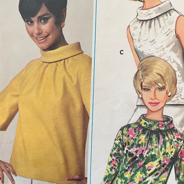 Vintage 1960's Top With Bias Rolled Collar and Sleeve Options---Butterick 4476---Size 16  Bust 36