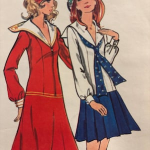 May include: Illustration of two women in vintage fashion. One wears a red dress with a white collar, the other a white blouse with a blue skirt and a sailor hat. The outfits have a retro style, with flared skirts and long sleeves.