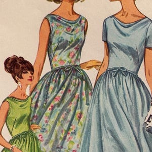 May include: Illustration of three women in vintage dresses. The dresses are in shades of blue and green, with one featuring a floral pattern. Each dress has a fitted bodice and a flared skirt. The women have stylish hairstyles.