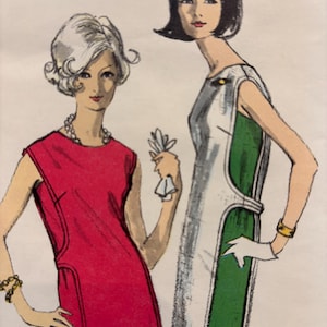 May include: Illustration of two women in vintage dresses. One woman wears a red dress with a gold bracelet, and the other wears a white and green dress with a gold bracelet. Both women have short hairstyles and are holding small objects.