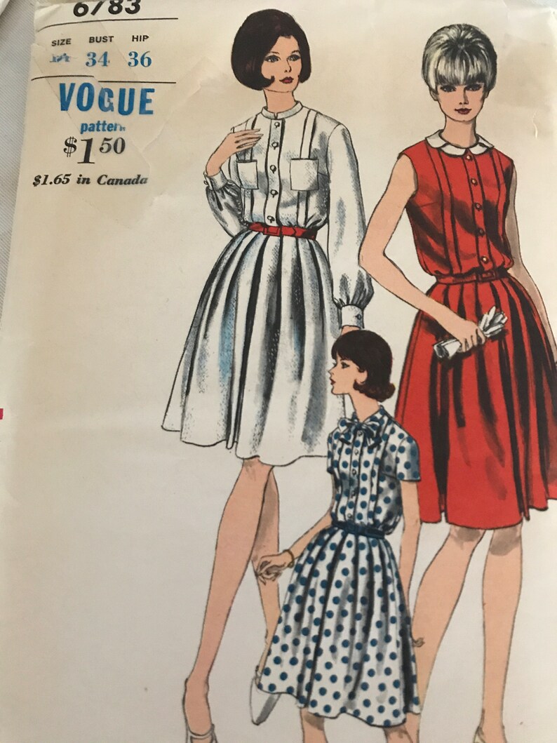 Vintage 1960's Tucked Shirtwaist Dress PatternVogue 6783Size 14 Bust 34 UNCUT image 2