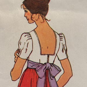 May include: Illustration of a woman in profile wearing a white top with short sleeves and a square neckline. A red skirt and a purple sash tied in a bow complete the outfit. The woman has her hair up in a bun.