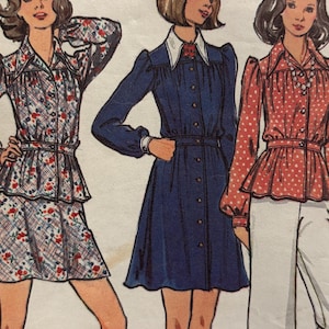May include: Illustration of three vintage fashion outfits. The first is a floral print shirt and skirt set. The second is a navy blue dress with a white collar. The third is a red polka dot blouse with white pants.