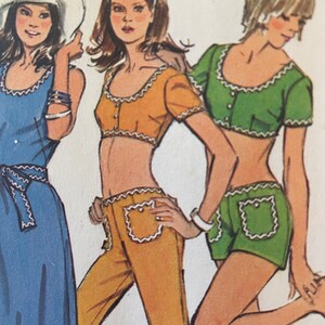 Vintage 1970's Midriff Top, Hip-Hugger Pants, Shorts, and Dress Pattern---Simplicity 5029---Size 12  Bust 34  UNCUT