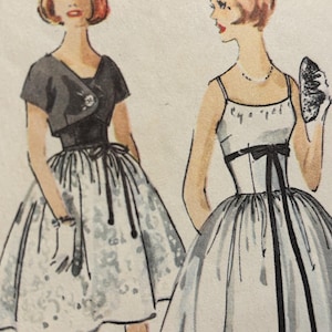 May include: Illustration of two women in vintage dresses. One wears a black bolero jacket over a dress with a floral print skirt. The other wears a white dress with black ribbon accents and spaghetti straps, holding a small black accessory.