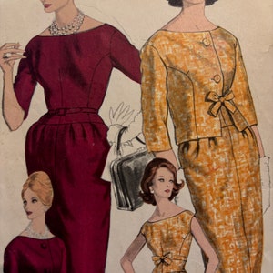 May include: A vintage sewing pattern featuring two women's dresses. One dress is a burgundy color with a fitted bodice and a full skirt. The other dress is a yellow and white patterned fabric with a fitted bodice and a full skirt. Both dresses have a boat neck and three-quarter sleeves.