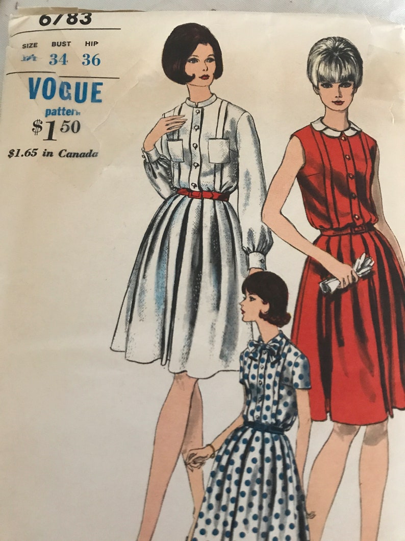 Vintage 1960's Tucked Shirtwaist Dress PatternVogue 6783Size 14 Bust 34 UNCUT image 1